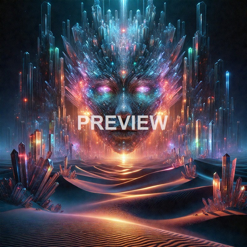 A surreal, glowing digital landscape featuring a large, luminous, humanoid face with intricate, colorful patterns and crystal-like structures emerging from the ground, set against a dark background.